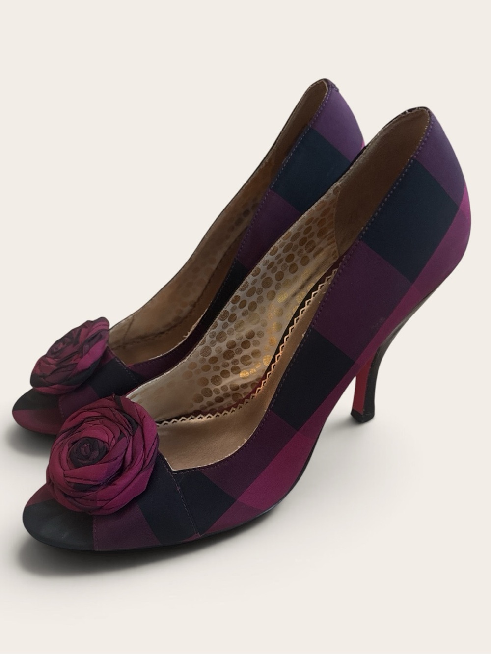Poetic License Gothic Rose Purple Plaid Peep-Toe Heels with Floral Accent 10